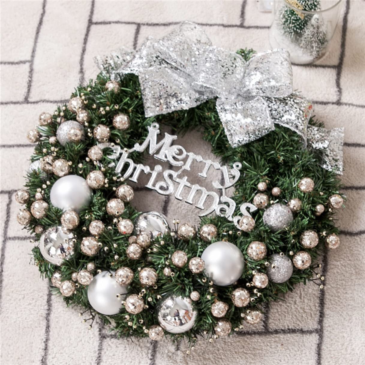 Amazon.co.jp: クリスマスリース 玄関リース シルバー ビッグリボン